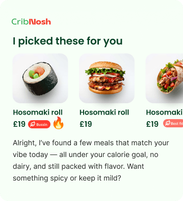 Emotion Engine UI mockup showing mood-based food suggestions