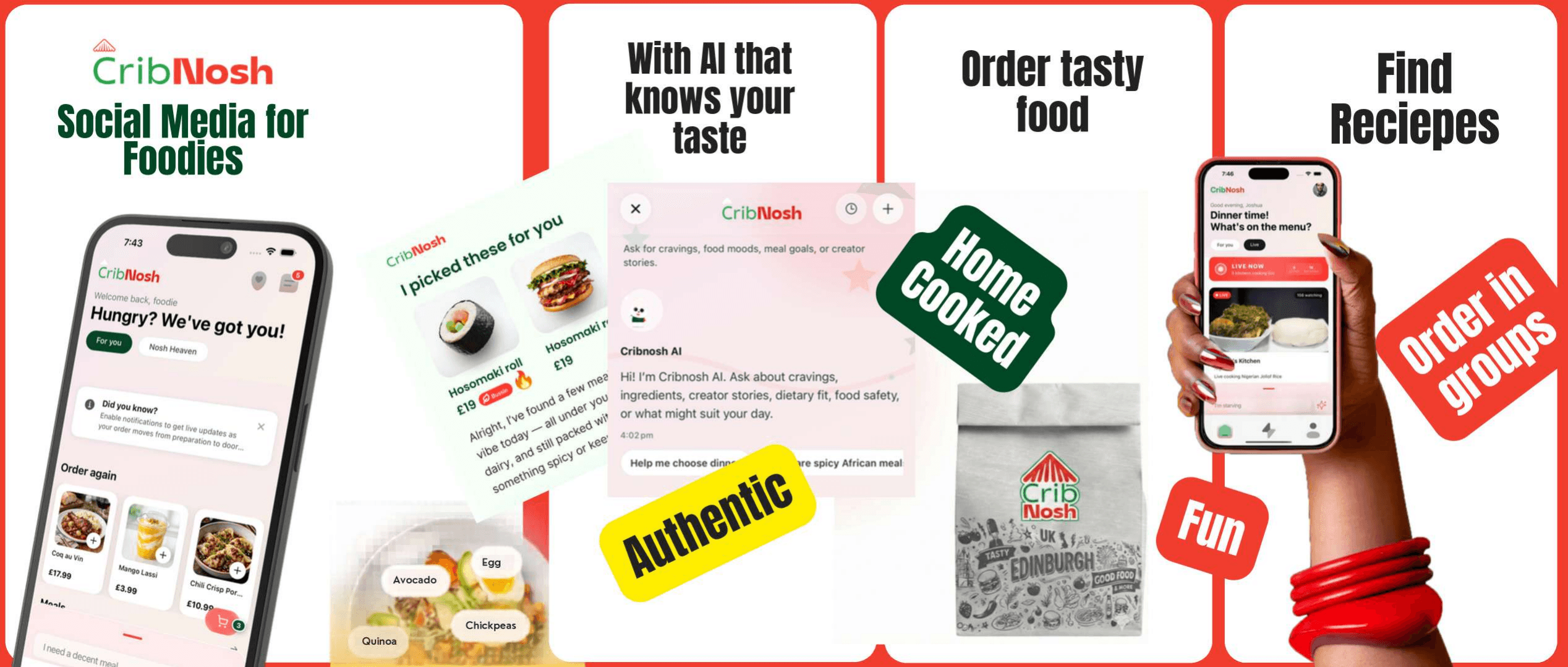 CribNosh social feed showing food discovery, creator content, and recipes.